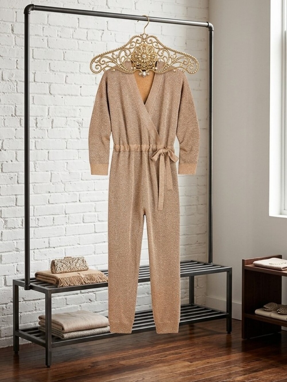 J. Crew Shimmering Tan Wrap Jumpsuit